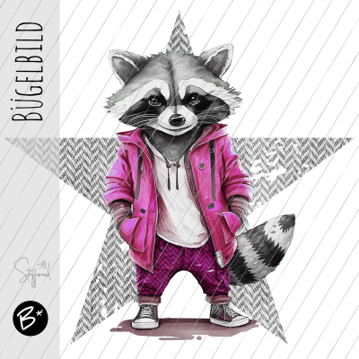 Bügelbild - " Racoon PINK - Stern " Höhe ca. 20 cm